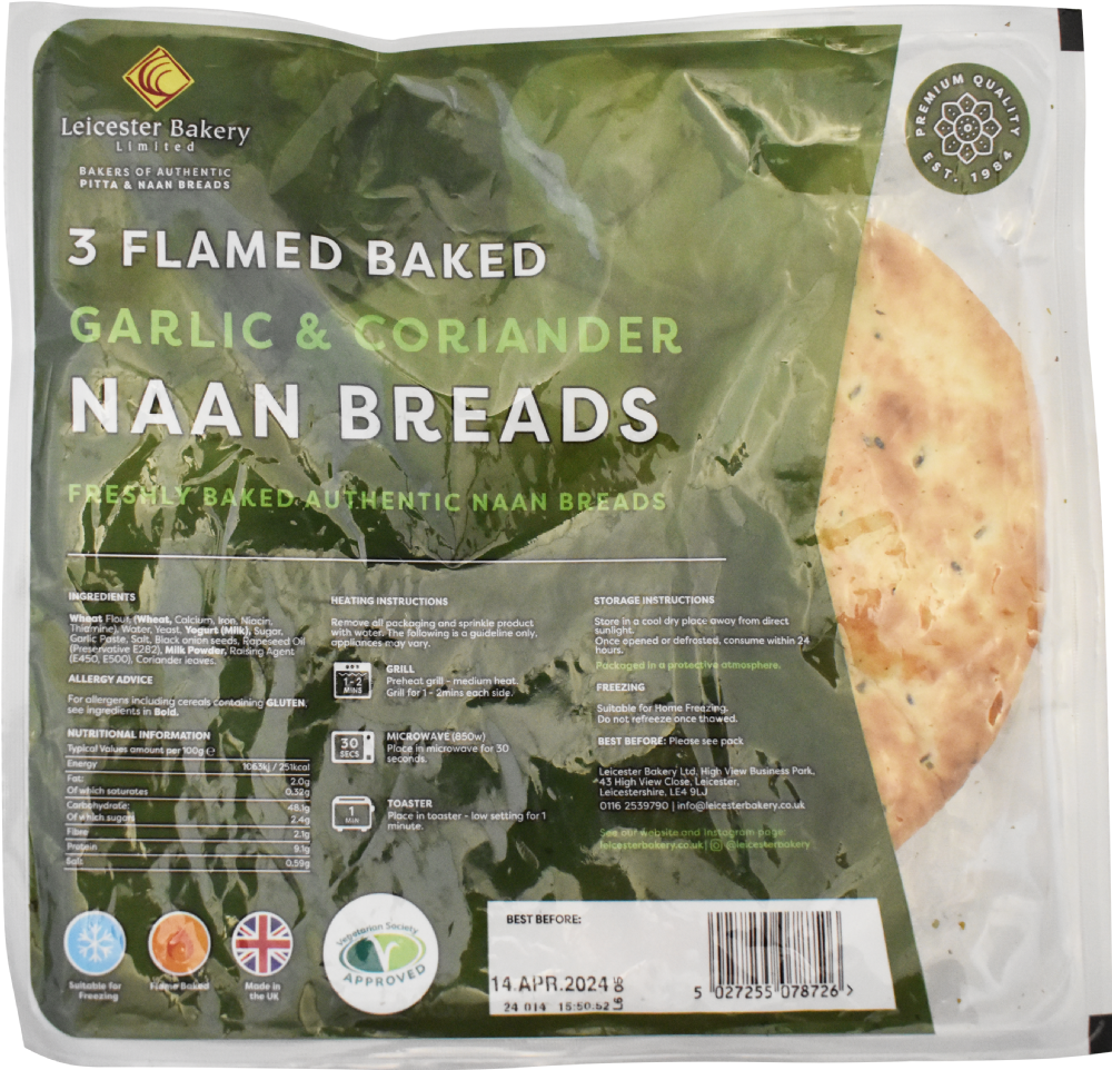 Leicester Bakery 3 Flame Baked Garlic & Coriander Naan Breads