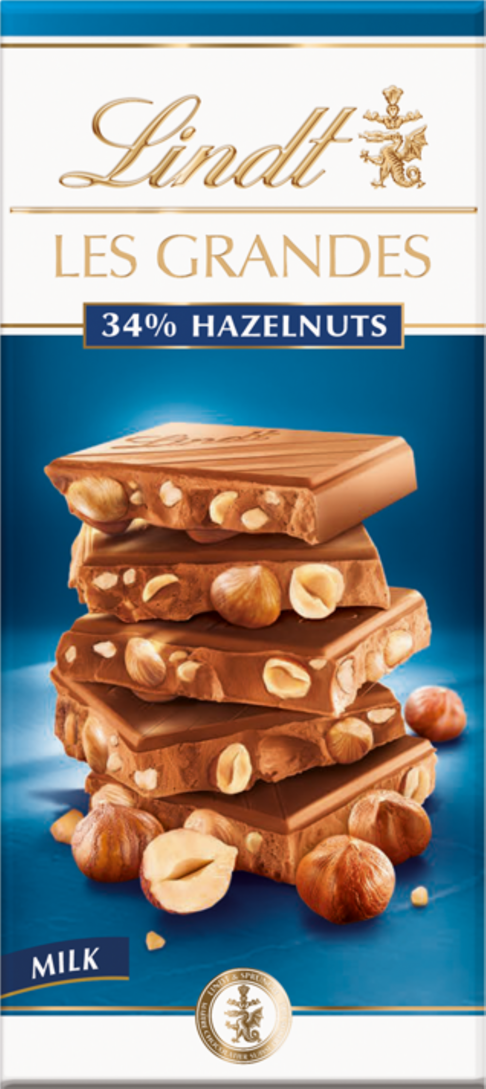 Lindt Les Grandes Milk Chocolate 34% Hazelnuts Bar 150G