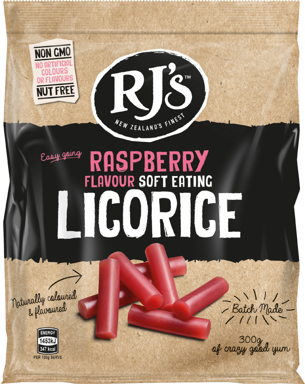 Rj's Licorice Raspberry Soft Eating Licorice - Bag 300G