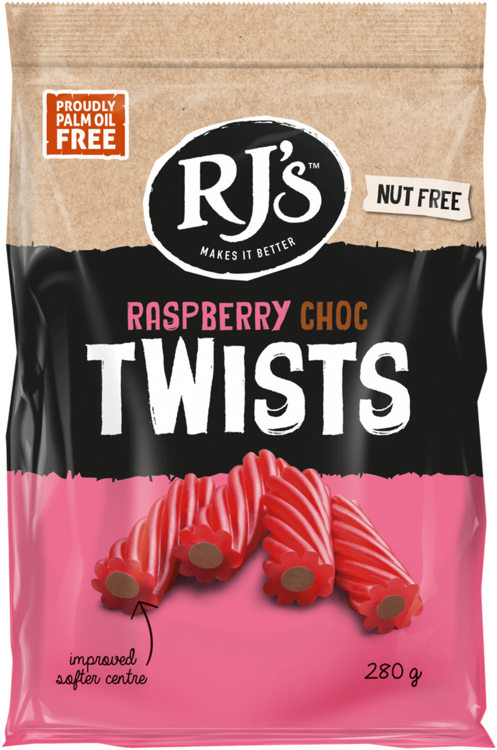 Rj's Licorice Raspberry Licorice Choc Twists 280G