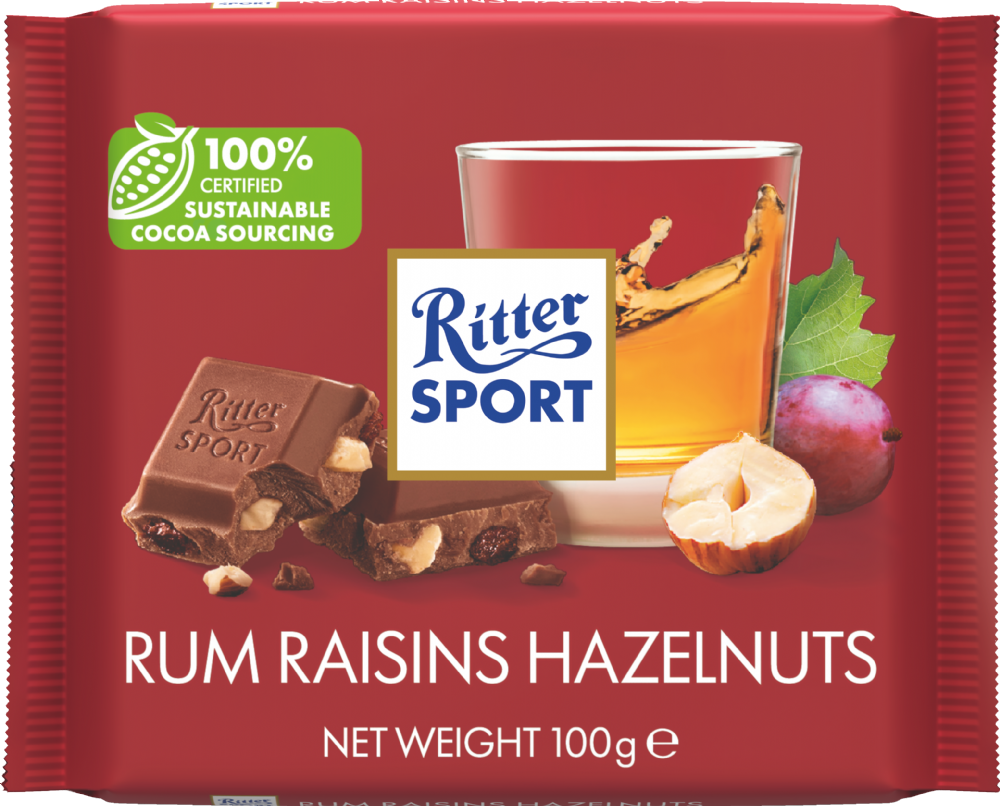 Ritter Sport Rum, Raisins, Hazelnuts Milk Chocolate 100G