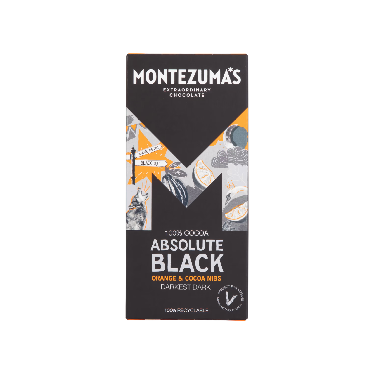 Montezuma's Absolute Black 100% Cocoa with Orange & Cocoa Nibs Bar 90g
