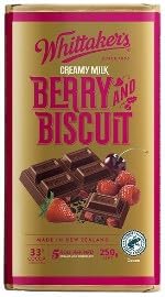 Whittaker's Berry and Biscuit Creamy Milk Chocolate Block, Made in New Zealand, 250g