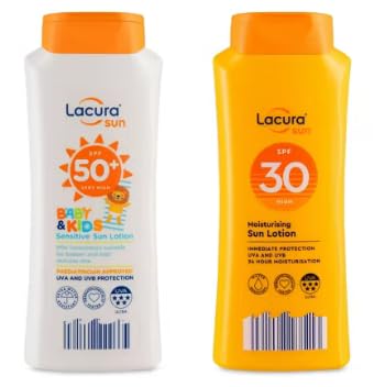 Lacura Sun Lotion, SPF 50+ Baby & Kids Sensitive and SPF 30 Moisturising, UVA & UVB Protection.