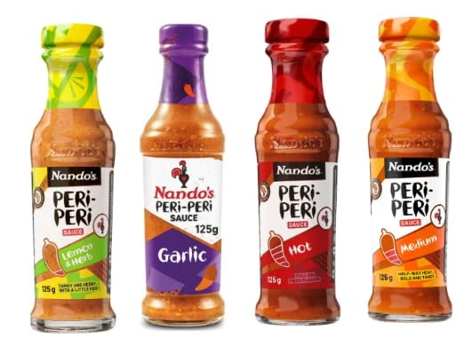 Nando's Peri-Peri Sauce Variety Pack, Lemon & Herb, Garlic, Hot and Medium, 125g Each