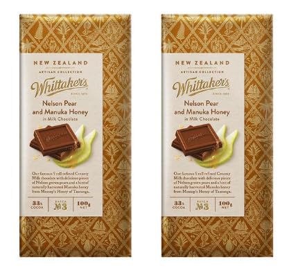 Whittaker's Nelson Pear and Manuka Honey in Milk Chocolate, 33% Cocoa, 100g, Pack of 2