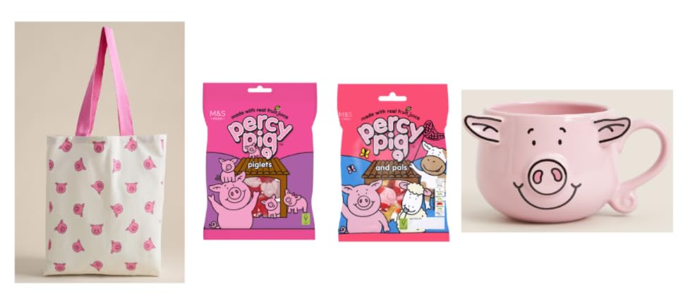 Percy Pig Gift Set, Pink Pig Theme, Includes Tote Bag, Candy Piglets and Pals, Ceramic Mug