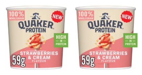 Quaker Protein Porridge Pot, Strawberries & Cream Flavour, High in Protein, 100% Wholegrain, 59g - (Pack of 2)