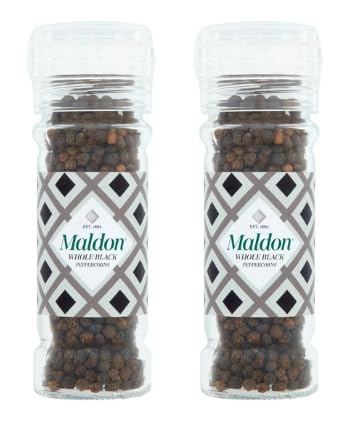 Maldon Whole Black Peppercorns with Built-In Grinder, Bold Robust Flavour, Pack of 2