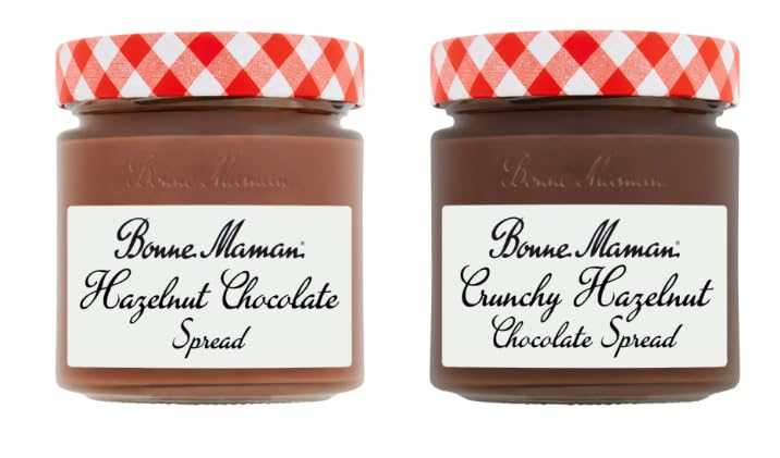 Bonne Maman Hazelnut Chocolate Spread and Crunchy Hazelnut Chocolate Spread, Glass Jar, 2 Varieties
