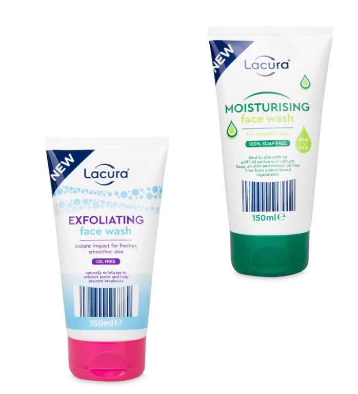 Lacura Moisturising & Exfoliating Face Wash Duo, 100% Soap Free, Oil Free, 150ml Each - (Pack of 2)