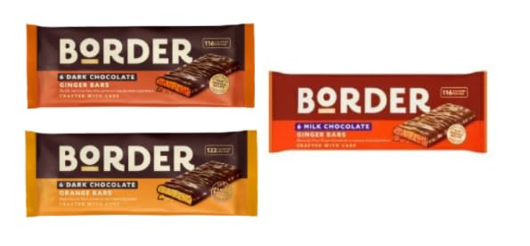 Border Dark Chocolate and Milk Chocolate Ginger Bars, Orange Bars.