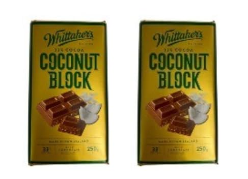 Whittaker's Coconut Block Chocolate, 33% Cocoa, Milk Chocolate with Coconut, 250g, Pack of 2