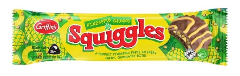 Griffins Squiggles Pineapple Chunks Flavoured Biscuits, Chewy Chocolatey Snack, 195g