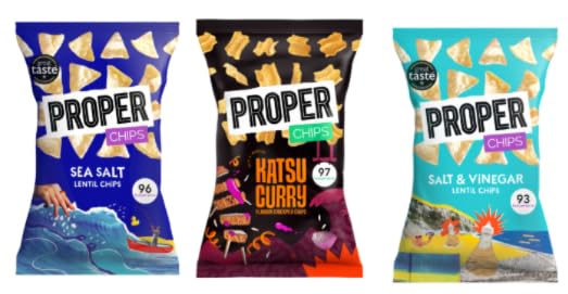 PROPER Chips Lentil Chips, Sea Salt, Katsu Curry, Salt & Vinegar, Variety Pack, 3 Flavours