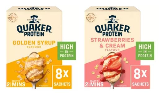 Quaker Protein Instant Porridge, Golden Syrup & Strawberries and Cream Flavour, High in Protein.