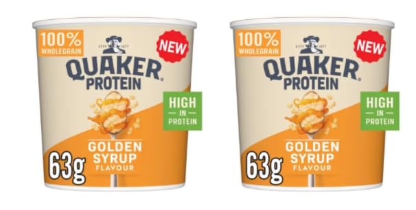 Quaker Protein Golden Syrup Flavour Porridge Pot, 100% Wholegrain, High in Protein, 63g - (Pack of 2)
