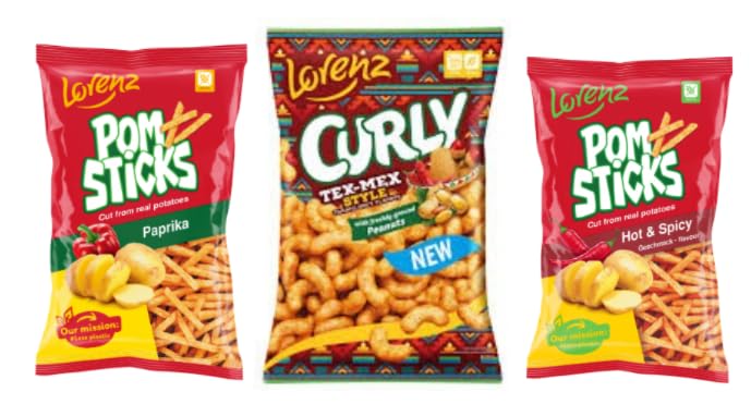 Lorenz Snack Variety Pack, Pom Sticks Paprika, Pom Sticks Hot & Spicy, Curly Tex-Mex Style Peanuts