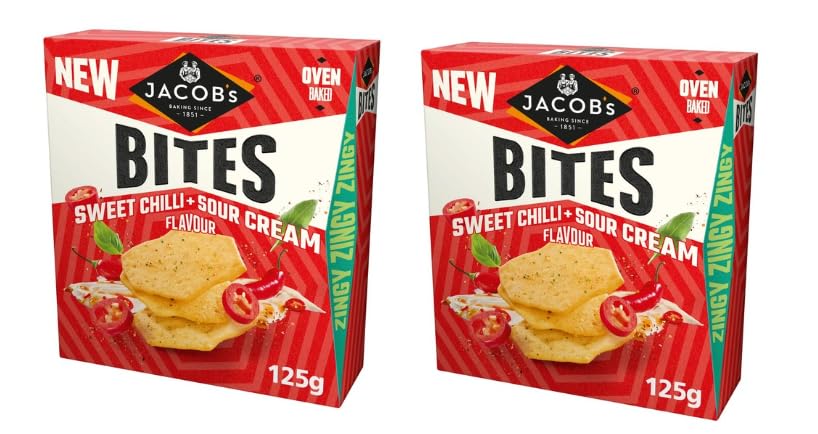 Jacob's Bites Sweet Chilli and Sour Cream Flavour Oven Baked Snack Crackers, Pack of 2