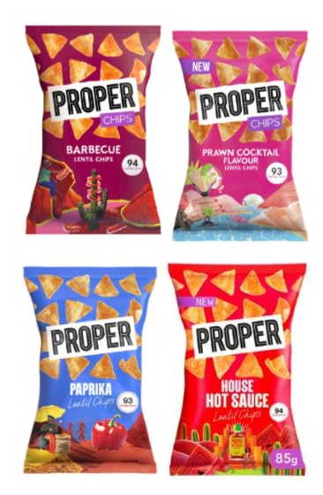 PROPER Chips Lentil Chips, Barbecue, Prawn Cocktail, Paprika, and House Hot Sauce Flavours, 85g