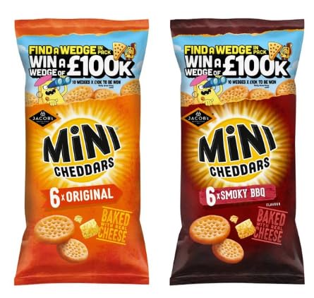 Jacobs Mini Cheddars Baked Cheese Biscuits, Original and Smoky BBQ Flavours.