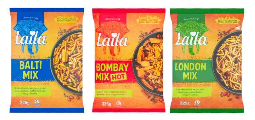 Laila Snack Mix Variety Pack, Balti Mix, Bombay Mix Hot, London Mix, 325g Each