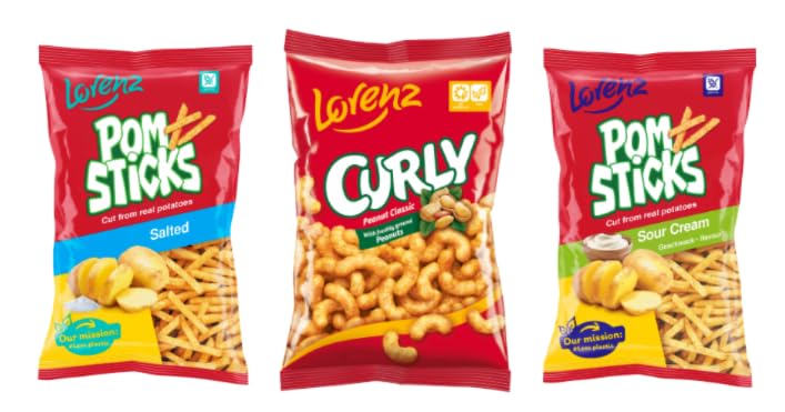 Lorenz Pom Sticks and Curly Peanut Classic Snacks, Salted and Sour Cream Flavours, Cut from Real Potatoes