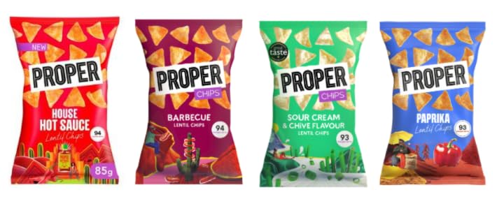PROPER Chips Lentil Chips, Variety of Flavours, House Hot Sauce, Barbecue, Sour Cream & Chive, Paprika, 85g
