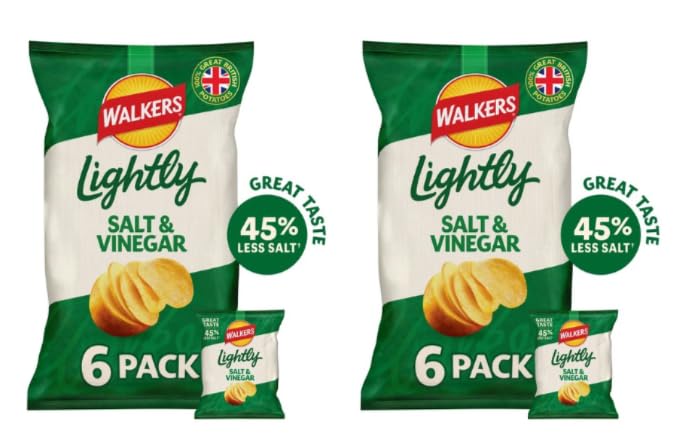 Walkers Lightly Salt & Vinegar Crisps, 45% Less Salt, 6 Pack