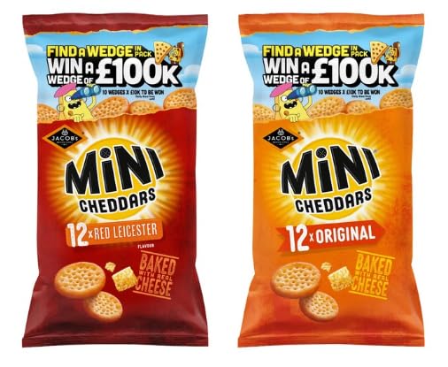 Jacobs Mini Cheddars Baked Cheese Snacks, 12 Pack, Red Leicester and Original Flavour
