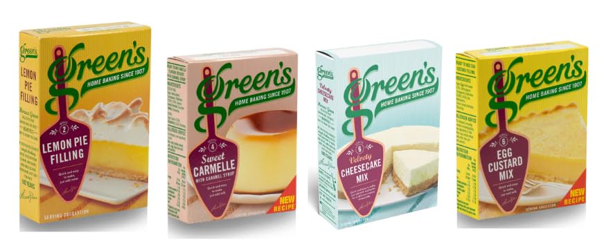 Green's Home Baking Variety Pack, Lemon Pie Filling, Sweet Carmelle, Cheesecake Mix, Egg Custard Mix - (Pack of 4)