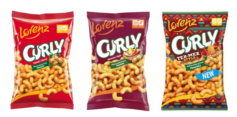 Lorenz Curly Peanut Snacks, Classic, Mexican Style, and Tex-Mex Style, with Freshly Ground Peanuts