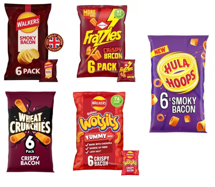 Bacon Crisp Lovers Variety - Walkers, Frazzles, Hula Hoops, Wheat Crunchies & Wotsits Crispy Bacon Multipack Crisps.
