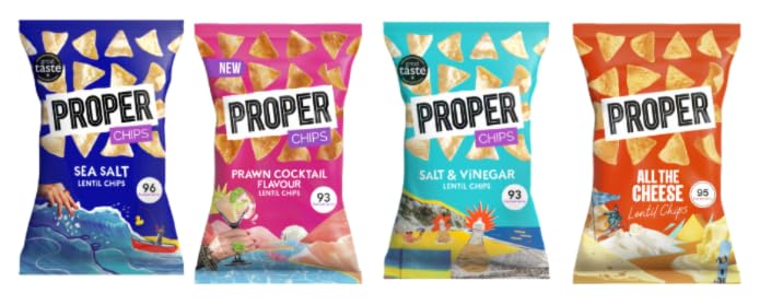 PROPER Chips Lentil Chips, Variety Pack, Sea Salt, Prawn Cocktail, Salt & Vinegar, All the Cheese