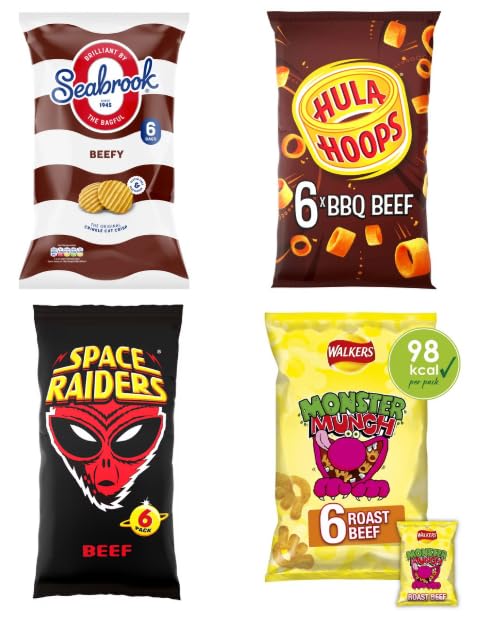 Beef Lovers Crisps Variety Pack - Seabrook, Hula Hoops, Space Raiders & Walkers Monster Munch.