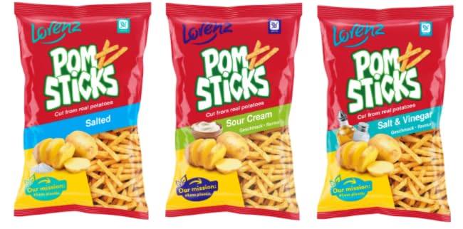 Lorenz Pom-Sticks Potato Snacks, Salted, Sour Cream, and Salt & Vinegar Flavours, Cut from Real Potatoes