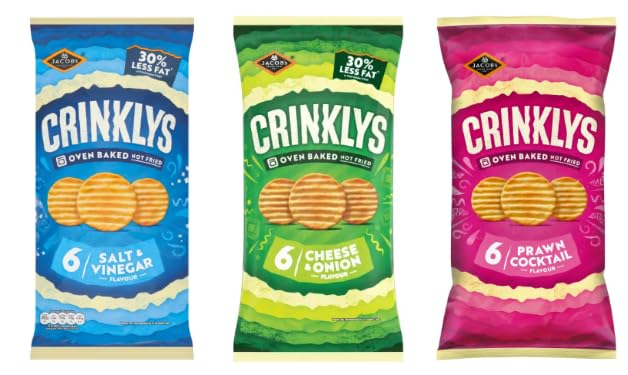 Jacobs Crinklys Oven Baked Crisps, Salt & Vinegar, Cheese & Onion, Prawn Cocktail