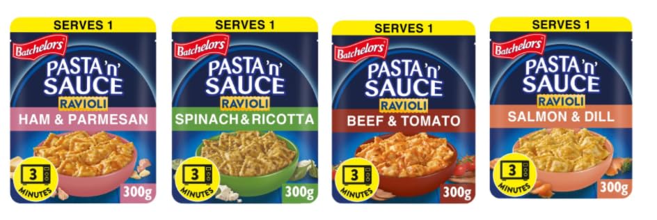 Batchelors Pasta 'n' Sauce Ravioli, Variety Pack, Ham & Parmesan, Spinach & Ricotta, Beef & Tomato, Salmon & Dill, 300g