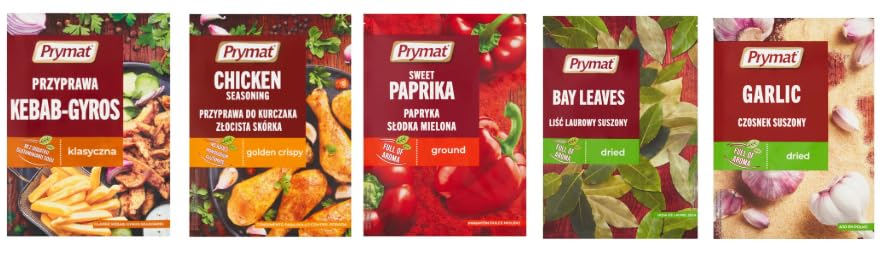 Prymat Seasoning Variety Pack, Kebab-Gyros, Chicken, Sweet Paprika Ground, Bay Leaves Dried, Garlic Dried
