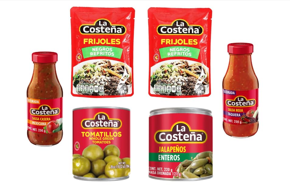 Mexican Lovers Kit - La Costeña Mexican Pantry Bundle, Frijoles Negros Refritos, Tomatillos, Jalapeños Enteros, Salsa Roja, 6 Items