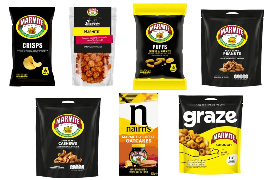 Marmite Lovers Snack Variety Pack, Crisps, Puffs, Peanuts, Cashews, Oatcakes, Crunch, Popcorn
