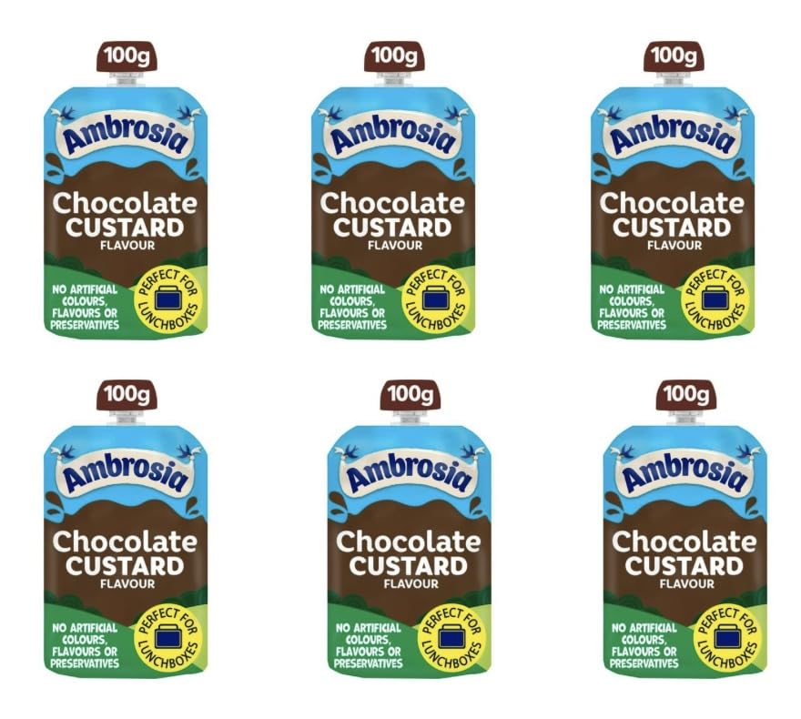 Ambrosia Chocolate Custard Flavour Pouches, No Artificial Colours or Preservatives, 100g, Pack of 6