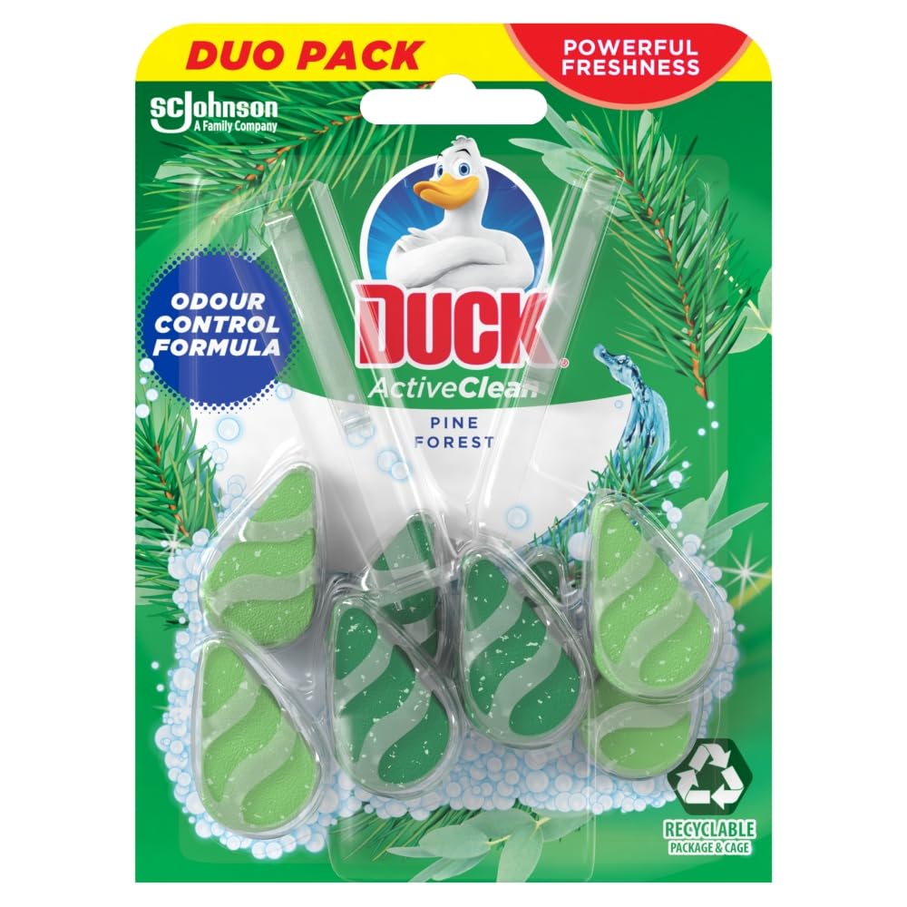Duck Active Clean Toilet Rim Block, Foaming Toilet Bowl Cleaner, Long-lasting Fragrance, Pine, Duo Pack (Total of 2 x 38.6g)