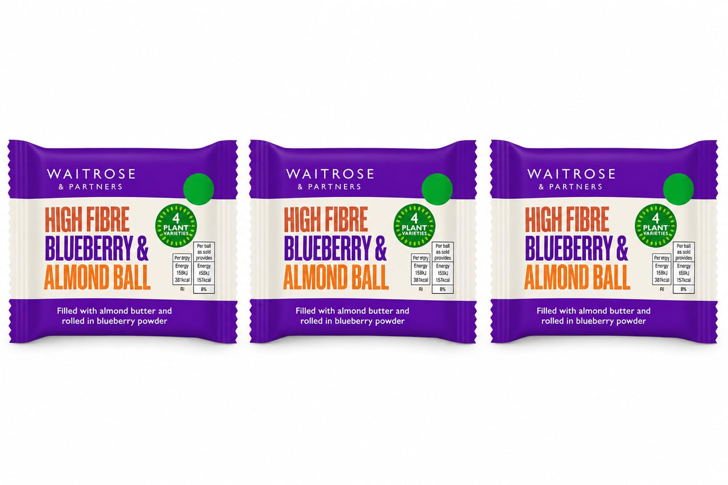 Waitrose High Fibre Blueberry & Almond Ball 40g, Pack of 3