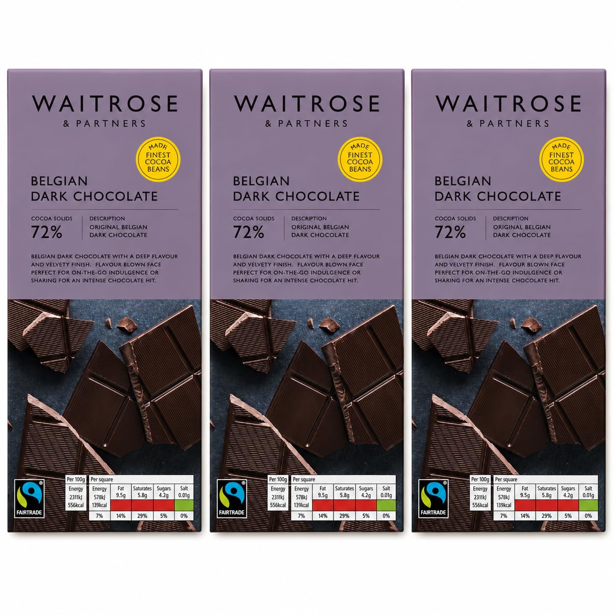 Waitrose Belgian Dark Chocolate 72% 180g, Pack of 3