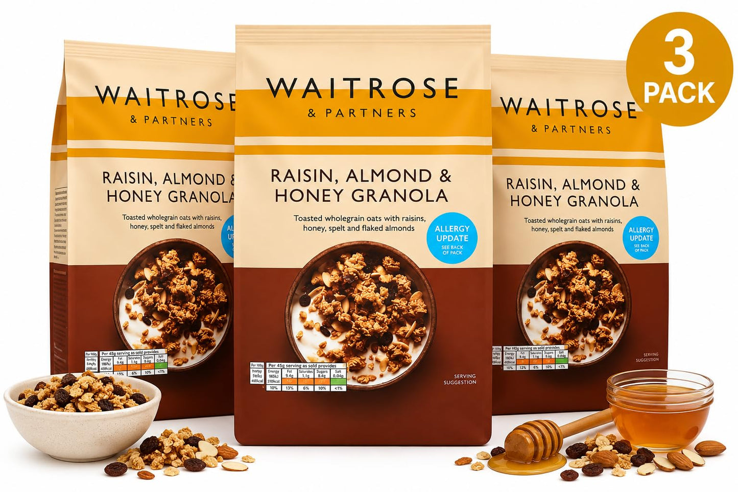 Waitrose Raisin, Almond Honey Granola 1Kg, Pack of 3
