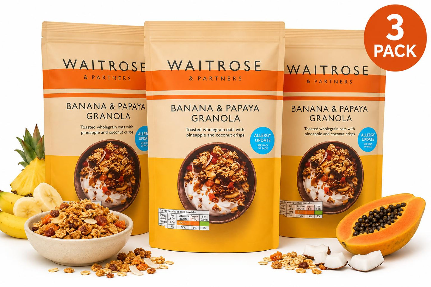 Waitrose Banana & Papaya Granola 1Kg, Pack of 3
