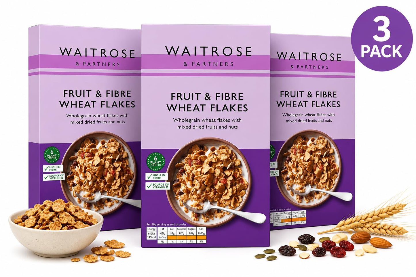 Waitrose Fruit & Fibre Wheat Flakes 750g, Pack of 3
