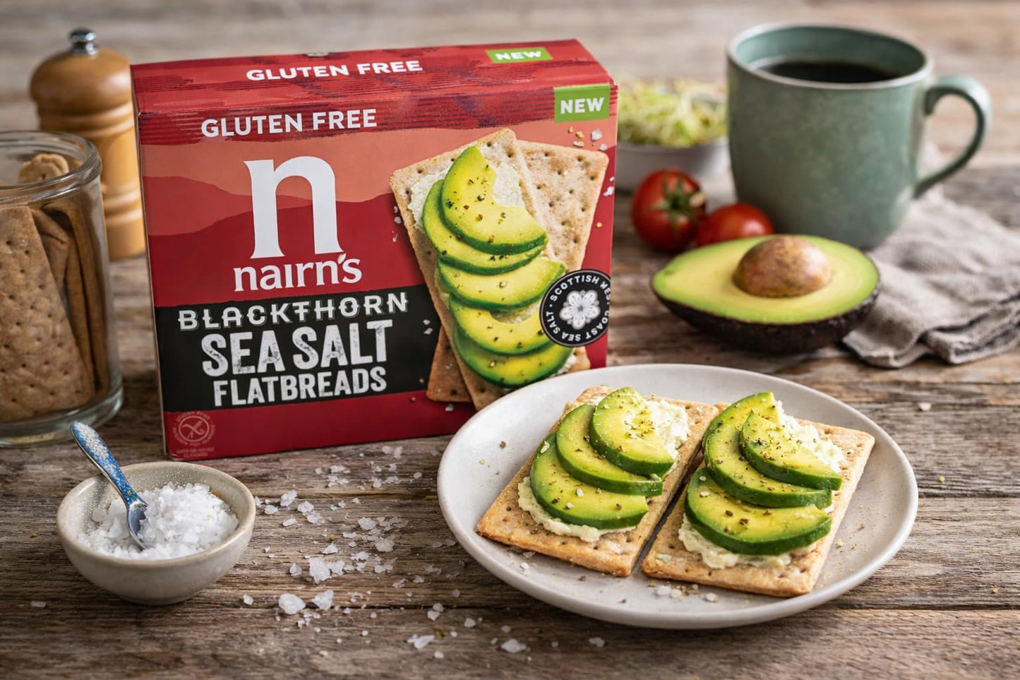 Nairn's Gluten Free Blackthorn Sea Salt Flatbreads 150g Pack of 6 - Wholegrain Oats - High Fibre - Plant Based Snacks - Suitable for Coeliacs