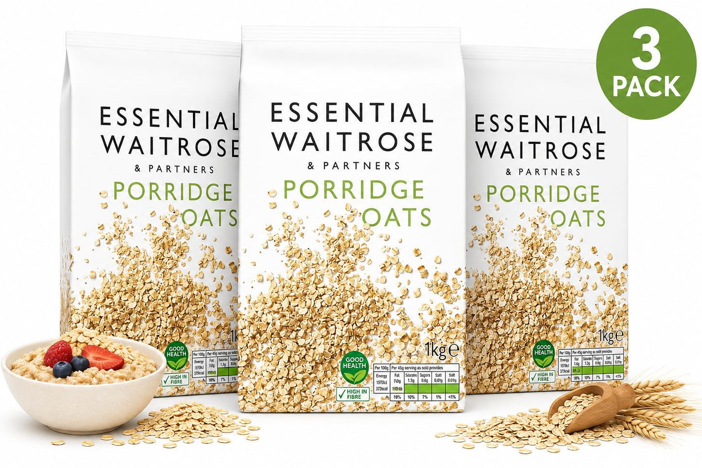 Essential Porridge Oats 1kg, Pack of 3